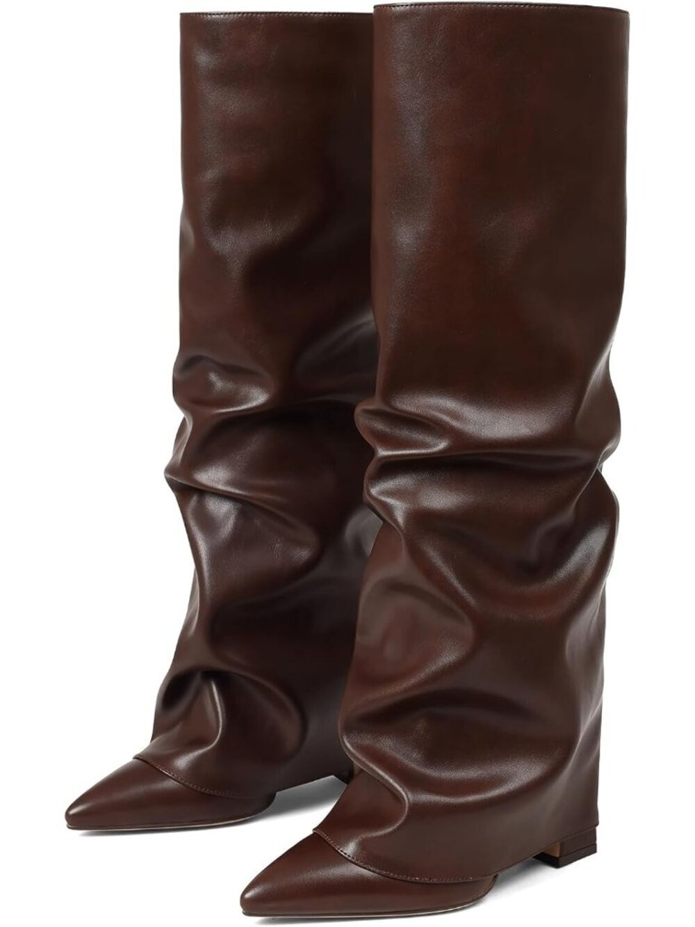 Women's Chocolate Knee High Boots Wide Calf Chunky High Heel Boots Pointed Toe - Picture 4 of 6